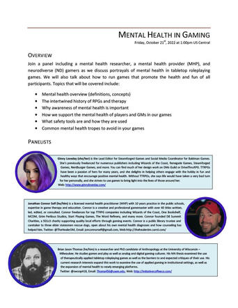 "Mental Health in Gaming" - Gamehole Con, October 2022